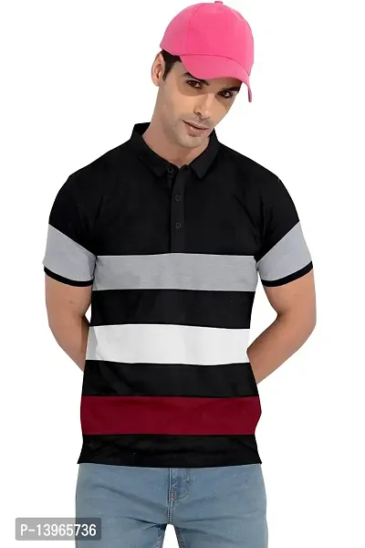 Rudra Fashion Men's Regular Cotton Striped Relaxed Fit Short Sleeve Collared Neck T-Shirt (WH-Black)-thumb0