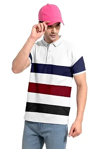 Rudra Fashion Men's Regular Cotton Striped Relaxed Fit Short Sleeve Collared Neck T-Shirt (WH-White)-thumb1