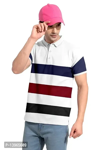 Rudra Fashion Men's Regular Cotton Striped Relaxed Fit Short Sleeve Collared Neck T-Shirt (WH-White)-thumb2