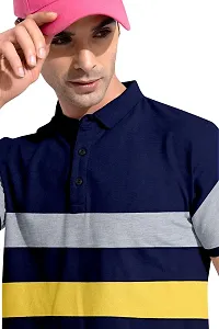 Rudra Fashion Men's Regular Cotton Striped Relaxed Fit Short Sleeve Collared Neck T-Shirt (WH-Navy Blue)-thumb2