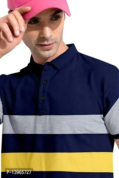 Rudra Fashion Men's Regular Cotton Striped Relaxed Fit Short Sleeve Collared Neck T-Shirt (WH-Navy Blue)-thumb3