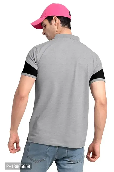 Rudra Fashion Men's Regular Cotton Striped Relaxed Fit Short Sleeve Collared Neck T-Shirt (WH-Grey)-thumb2