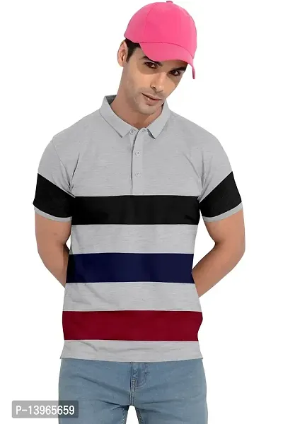 Rudra Fashion Men's Regular Cotton Striped Relaxed Fit Short Sleeve Collared Neck T-Shirt (WH-Grey)-thumb0