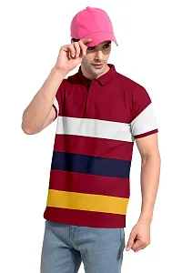 Rudra Fashion Men's Regular Cotton Striped Relaxed Fit Short Sleeve Collared Neck T-Shirt (WH-Maroon)-thumb3