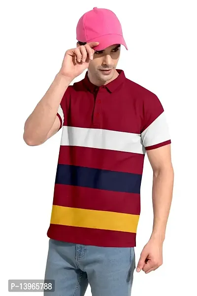 Rudra Fashion Men's Regular Cotton Striped Relaxed Fit Short Sleeve Collared Neck T-Shirt (WH-Maroon)-thumb4