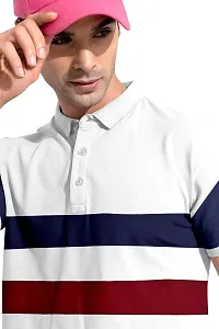 Rudra Fashion Men's Regular Cotton Striped Relaxed Fit Short Sleeve Collared Neck T-Shirt (WH-White)-thumb2