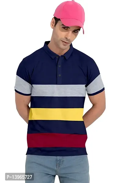 Rudra Fashion Men's Regular Cotton Striped Relaxed Fit Short Sleeve Collared Neck T-Shirt (WH-Navy Blue)-thumb0