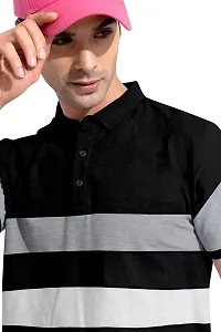 Rudra Fashion Men's Regular Cotton Striped Relaxed Fit Short Sleeve Collared Neck T-Shirt (WH-Black)-thumb3