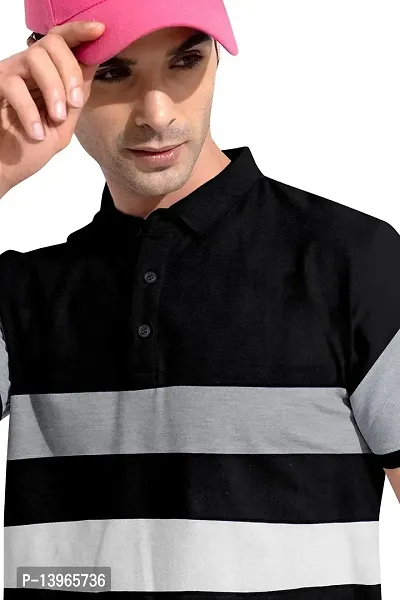 Rudra Fashion Men's Regular Cotton Striped Relaxed Fit Short Sleeve Collared Neck T-Shirt (WH-Black)-thumb4