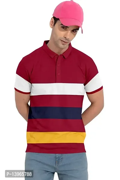 Rudra Fashion Men's Regular Cotton Striped Relaxed Fit Short Sleeve Collared Neck T-Shirt (WH-Maroon)-thumb0