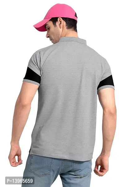 Rudra Fashion Men's Regular Cotton Striped Relaxed Fit Short Sleeve Collared Neck T-Shirt (WH-Grey)-thumb5