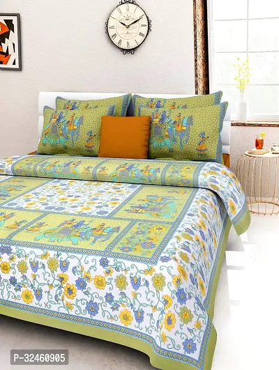 Ethnic Green Cotton Queen Printed 1 Bedsheet + 2 Pillowcovers-thumb0