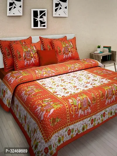 Ethnic Orange Cotton Queen Printed 1 Bedsheet + 2 Pillowcovers-thumb0