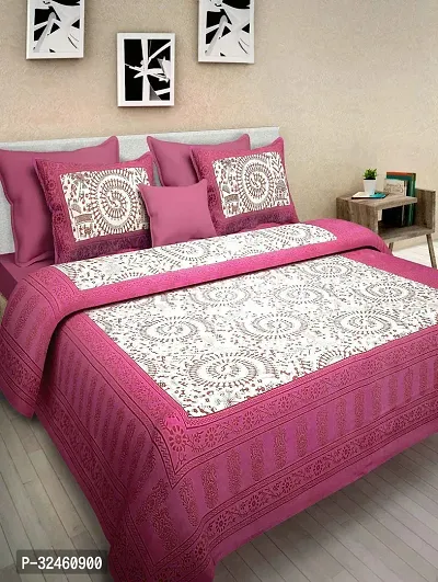 Ethnic Pink Cotton Queen Printed 1 Bedsheet + 2 Pillowcovers-thumb0