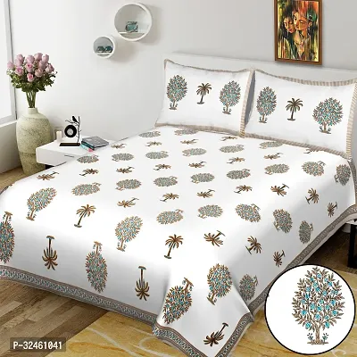 Ethnic White Cotton King Printed 1 Bedsheet + 2 Pillowcovers