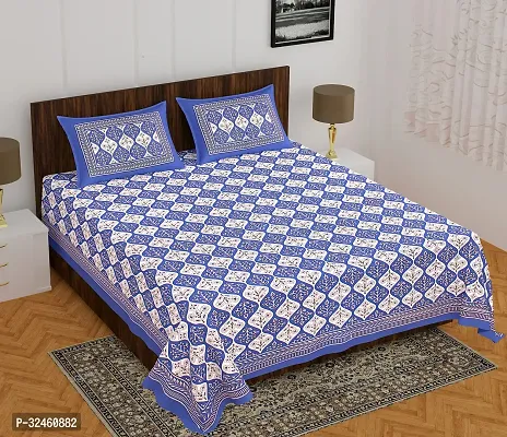 Ethnic Blue Cotton Queen Printed 1 Bedsheet + 2 Pillowcovers-thumb0