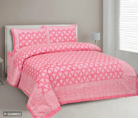 Ethnic Pink Cotton King Printed 1 Bedsheet + 2 Pillowcovers