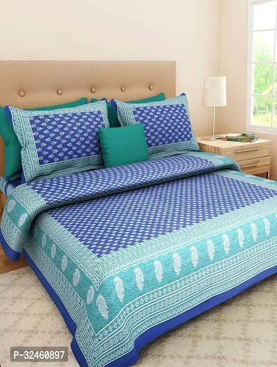 Ethnic Blue Cotton Queen Printed 1 Bedsheet + 2 Pillowcovers-thumb0