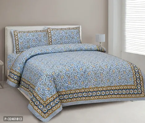 Ethnic Blue Cotton King Printed 1 Bedsheet + 2 Pillowcovers-thumb0