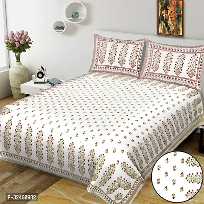 Ethnic White Cotton King Printed 1 Bedsheet + 2 Pillowcovers