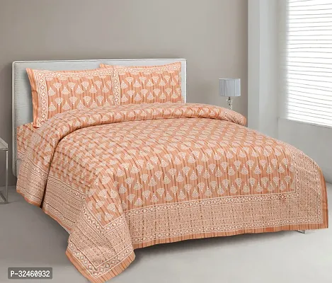 Ethnic Orange Cotton King Printed 1 Bedsheet + 2 Pillowcovers-thumb0