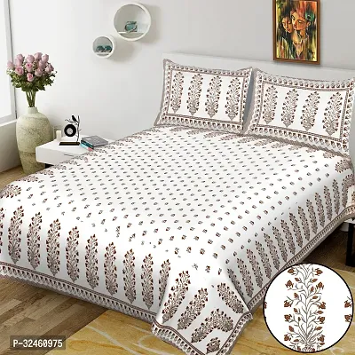 Ethnic White Cotton King Printed 1 Bedsheet + 2 Pillowcovers-thumb0