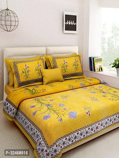 Ethnic Yellow Cotton Queen Printed 1 Bedsheet + 2 Pillowcovers-thumb0