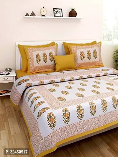 Ethnic Yellow Cotton Queen Printed 1 Bedsheet + 2 Pillowcovers-thumb0