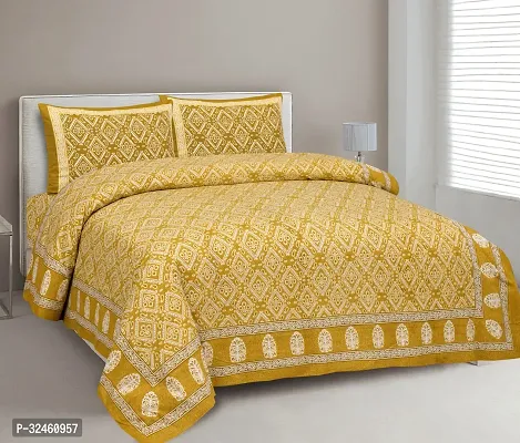 Ethnic Yellow Cotton King Printed 1 Bedsheet + 2 Pillowcovers-thumb0