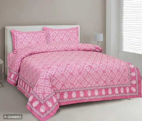 Ethnic Pink Cotton King Printed 1 Bedsheet + 2 Pillowcovers