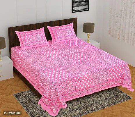 Ethnic Pink Cotton Queen Printed 1 Bedsheet + 2 Pillowcovers-thumb0