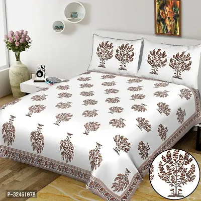 Ethnic White Cotton King Printed 1 Bedsheet + 2 Pillowcovers