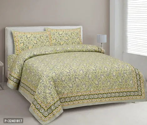 Ethnic Green Cotton King Printed 1 Bedsheet + 2 Pillowcovers-thumb0