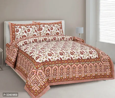 Ethnic Orange Cotton King Printed 1 Bedsheet + 2 Pillowcovers-thumb0