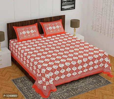 Ethnic Red Cotton Queen Printed 1 Bedsheet + 2 Pillowcovers-thumb0