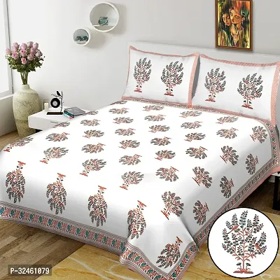 Ethnic White Cotton King Printed 1 Bedsheet + 2 Pillowcovers