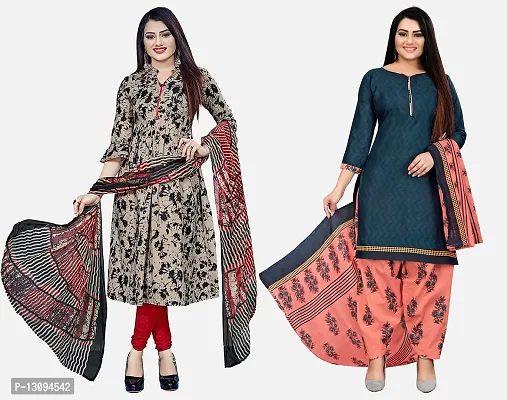Elegant Multicoloured Cotton Printed Dress Material with Dupatta For Women Pack Of 2