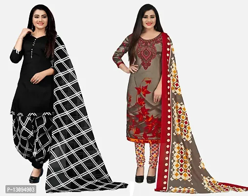 Elegant Multicoloured Cotton Printed Dress Material With Dupatta For Women Pack Of 2