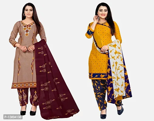 Elegant Multicoloured Cotton Printed Dress Material With Dupatta For Women Pack Of 2