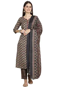 Stylish Grey Printed Cotton Kurta Pant With Dupatta For Women-thumb1