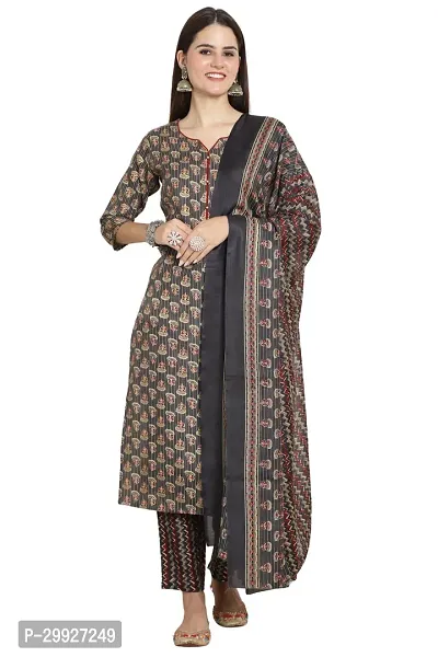 Stylish Grey Printed Cotton Kurta Pant With Dupatta For Women-thumb2