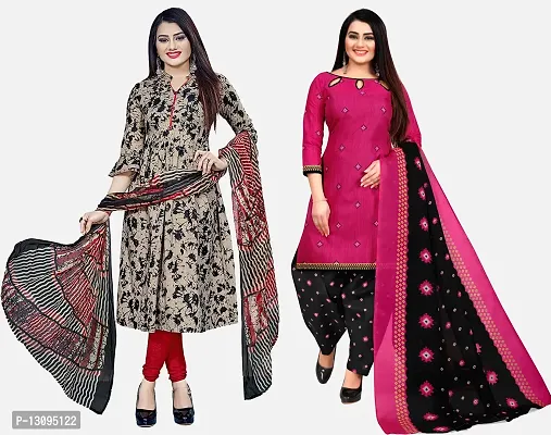 Elegant Multicoloured Cotton Printed Dress Material With Dupatta For Women Pack Of 2