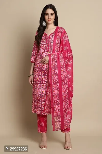 Stylish Red Printed Cotton Blend Kurta Pant With Dupatta For Women-thumb0