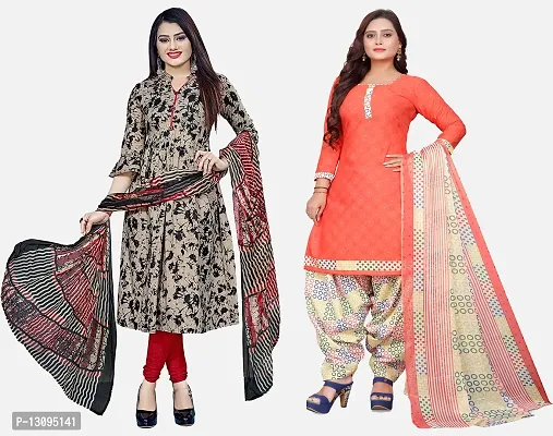 Elegant Multicoloured Cotton Printed Dress Material With Dupatta For Women Pack Of 2-thumb0