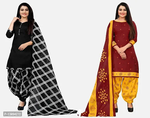 Elegant Multicoloured Cotton Printed Dress Material With Dupatta For Women Pack Of 2