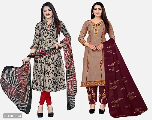 Elegant Multicoloured Cotton Printed Dress Material With Dupatta For Women Pack Of 2-thumb0