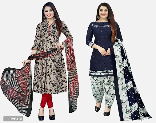 Elegant Multicoloured Cotton Printed Dress Material With Dupatta For Women Pack Of 2-thumb0