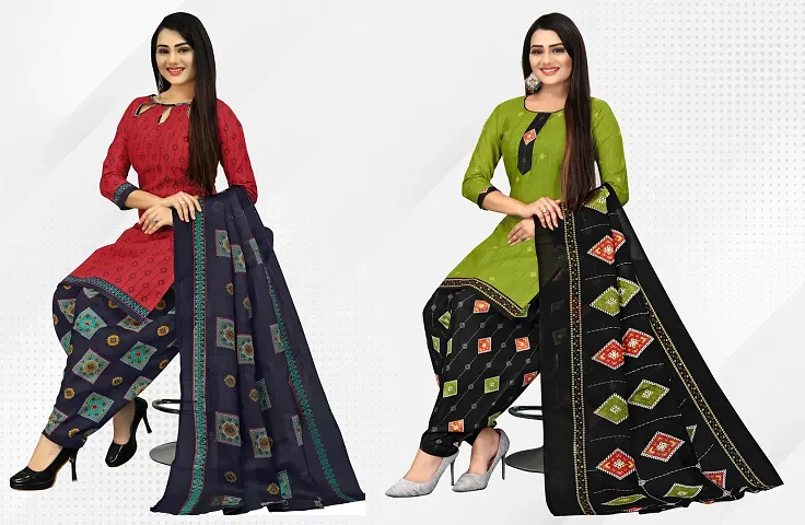 Stylish Cotton Unstitched Dress Material Top With Bottom Wear And Dupatta Set Combo of 2