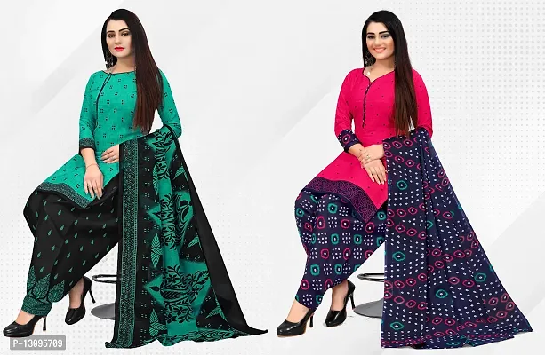 Elegant Multicoloured Cotton Printed Dress Material With Dupatta For Women Pack Of 2