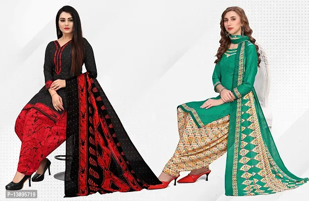 Elegant Multicoloured Cotton Printed Dress Material With Dupatta For Women Pack Of 2